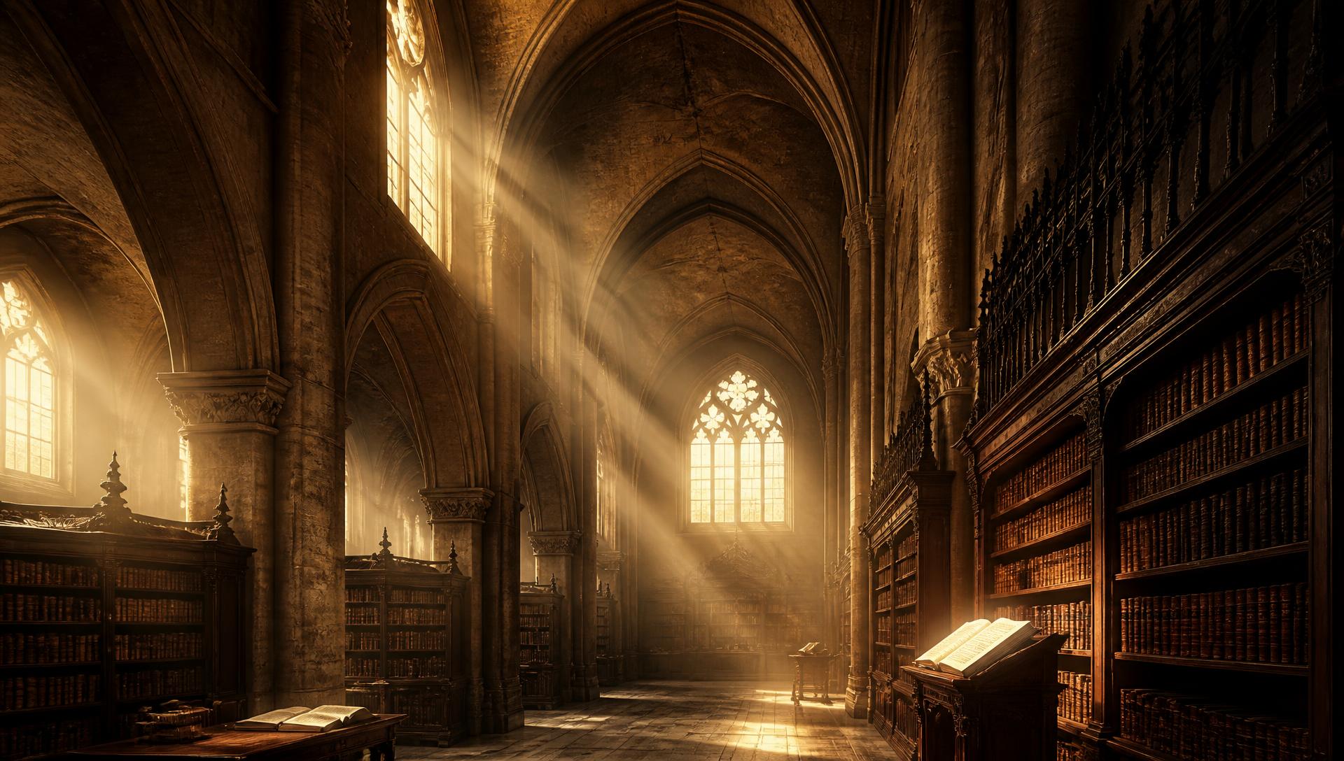 Biblioteca monástica de piedra con arcos góticos, estanterías de madera y haces de luz dorada